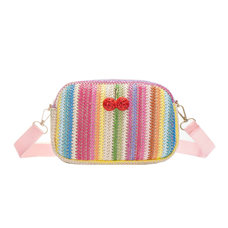 Wholesale Rainbow Large Capacity Woven Cherry Decoration Straw Woven Tote Bag Cross Body Camera Bag